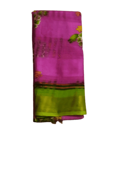 Pink Floral With Green Border Georgette Saree with Blouse Piece