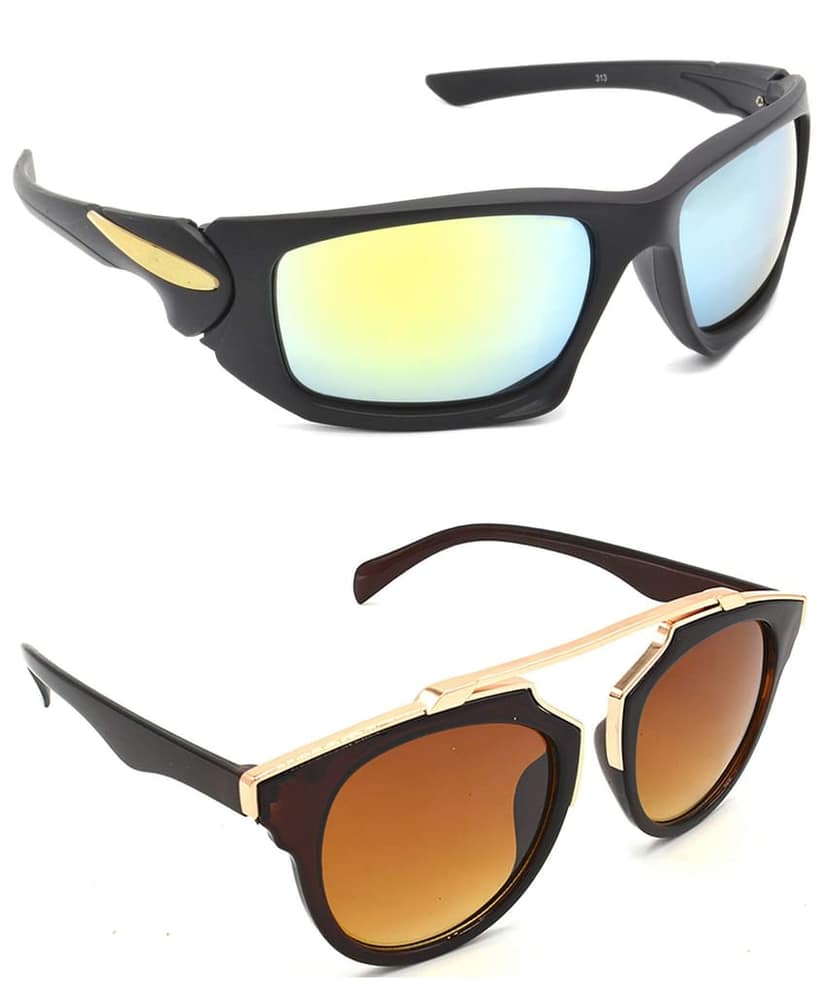 Hrinkar Unisex Sports Sunglasses Black & Golden Frame, Silver & Brown Lens (Medium) - Pack of 2
