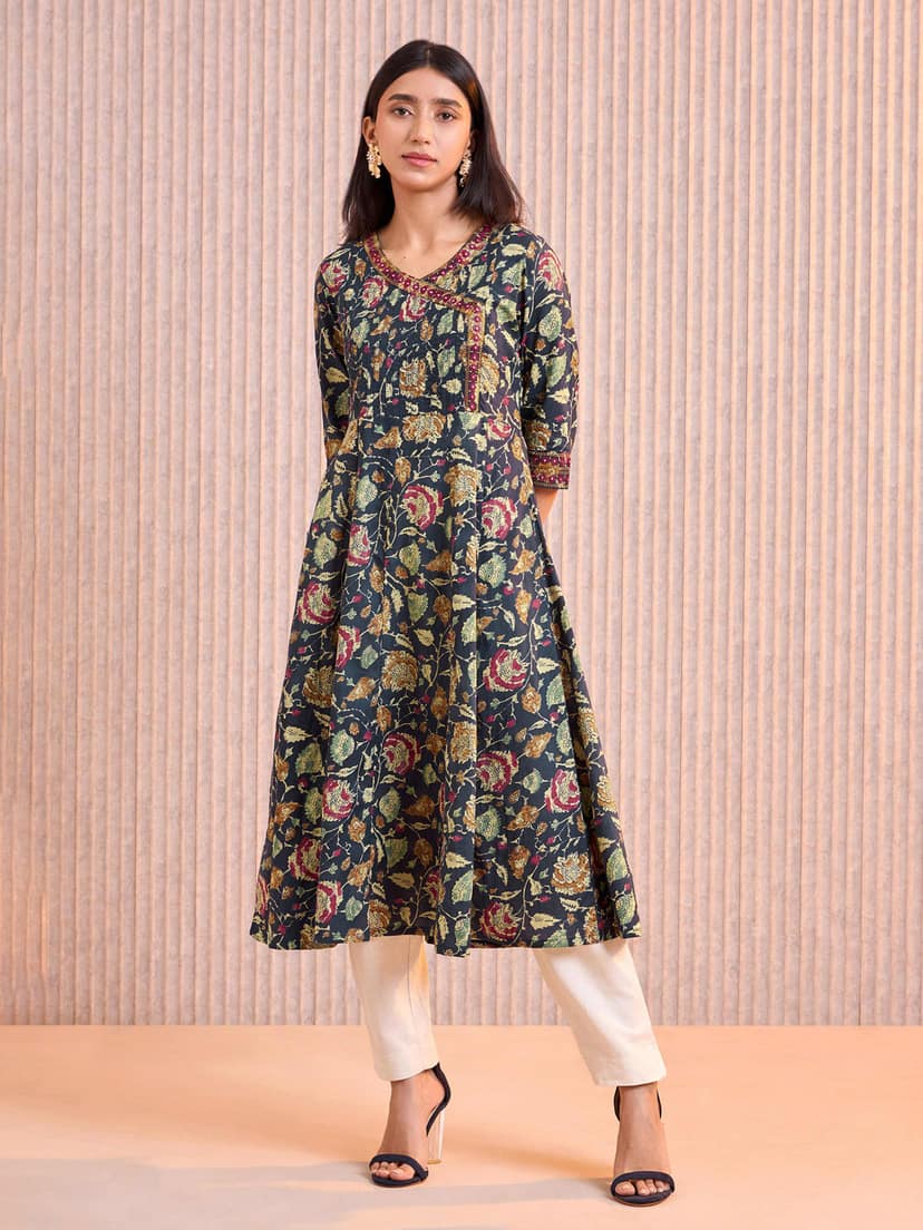 Navy Blue Pure Cotton Printed Kurti With Mirror Work