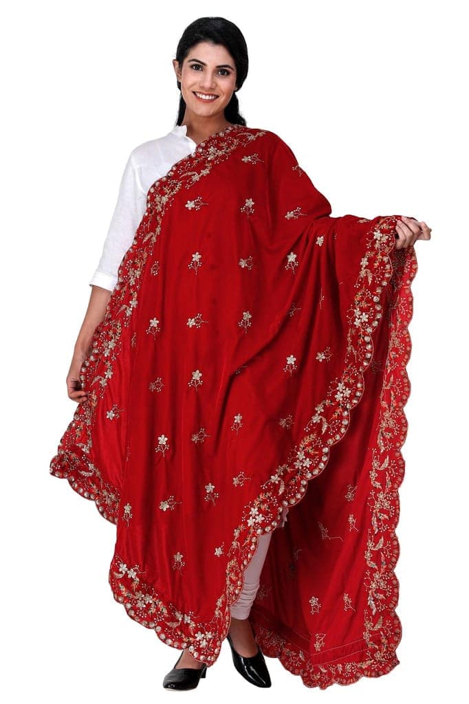 Garnet Velvet Dupatta from Amritsar with Embroidered Flowers and Sequins view 4