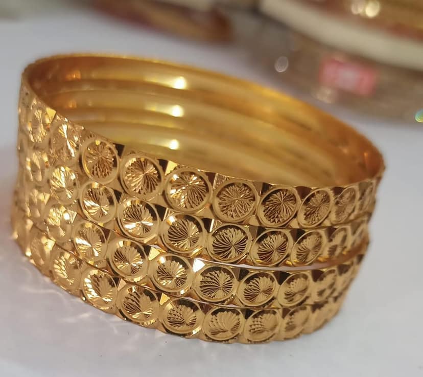 22K Yellow Gold Bangles with Intricate Floral Design - Set of 4 view 2