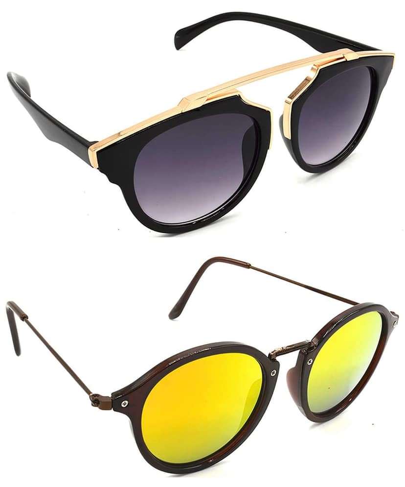 Hrinkar Unisex Wrap-around Sunglasses Golden & Brown Frame, Grey & Golden Lens (Medium) - Pack of 2