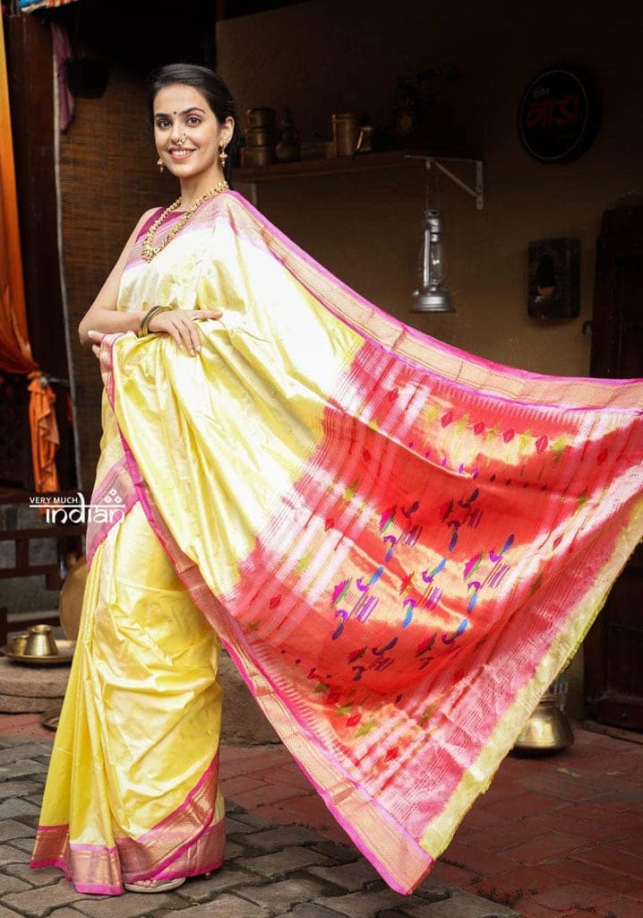 Utsaav ~ Traditional Handloom Pure Silk Paithani Pastel Light Yellow with Light Pink Border view 2