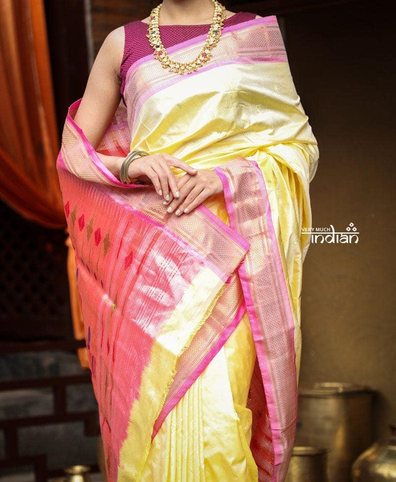Utsaav ~ Traditional Handloom Pure Silk Paithani Pastel Light Yellow with Light Pink Border view 4