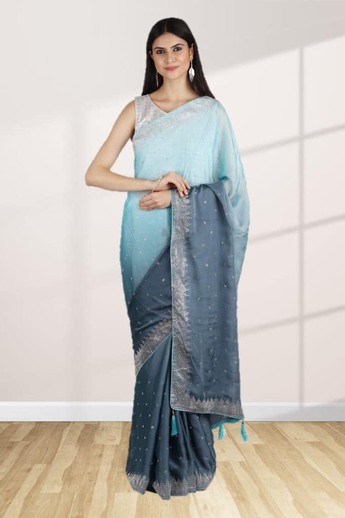 Grey and Blue Italian Crepe Saree