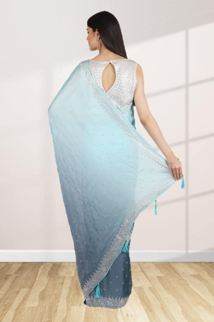 Grey and Blue Italian Crepe Saree view 2