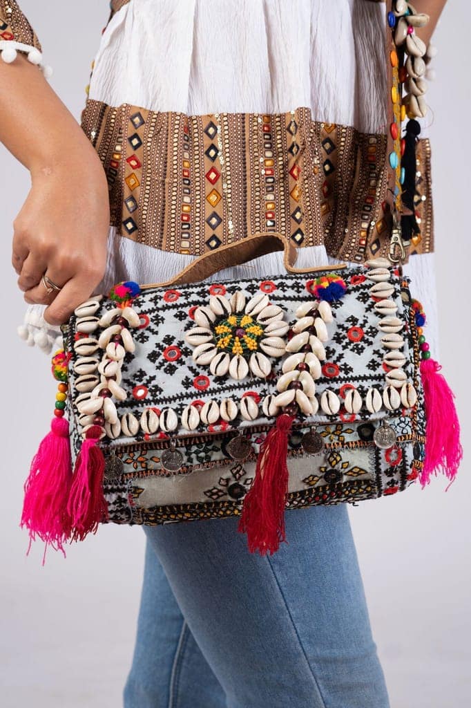 Handmade Embroidered Mini Sling Bag with Tassels, Boho Chic Small Shoulder Bag view 4