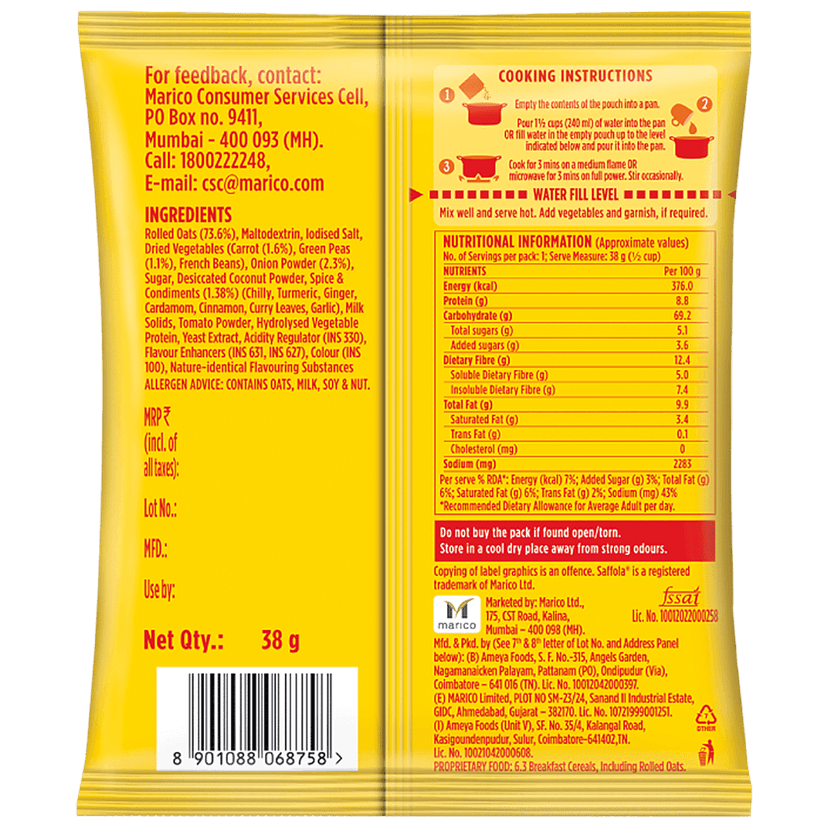 Saffola Masala Oats - Tasty Evening Snack, Fibre Rich, Veggie Twist, 38 G view 2