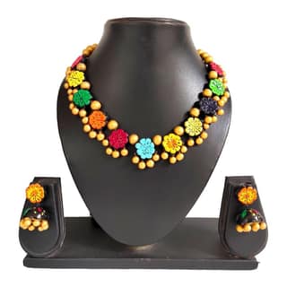 Multi-coloured floral terracotta necklace set