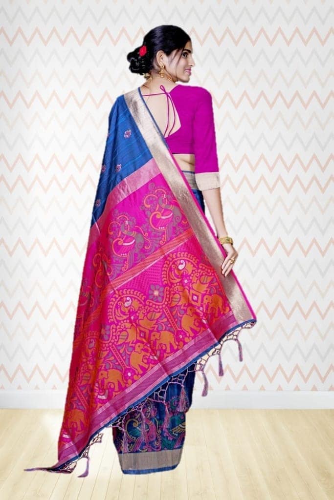 Navy Blue Tussar Silk Saree view 2