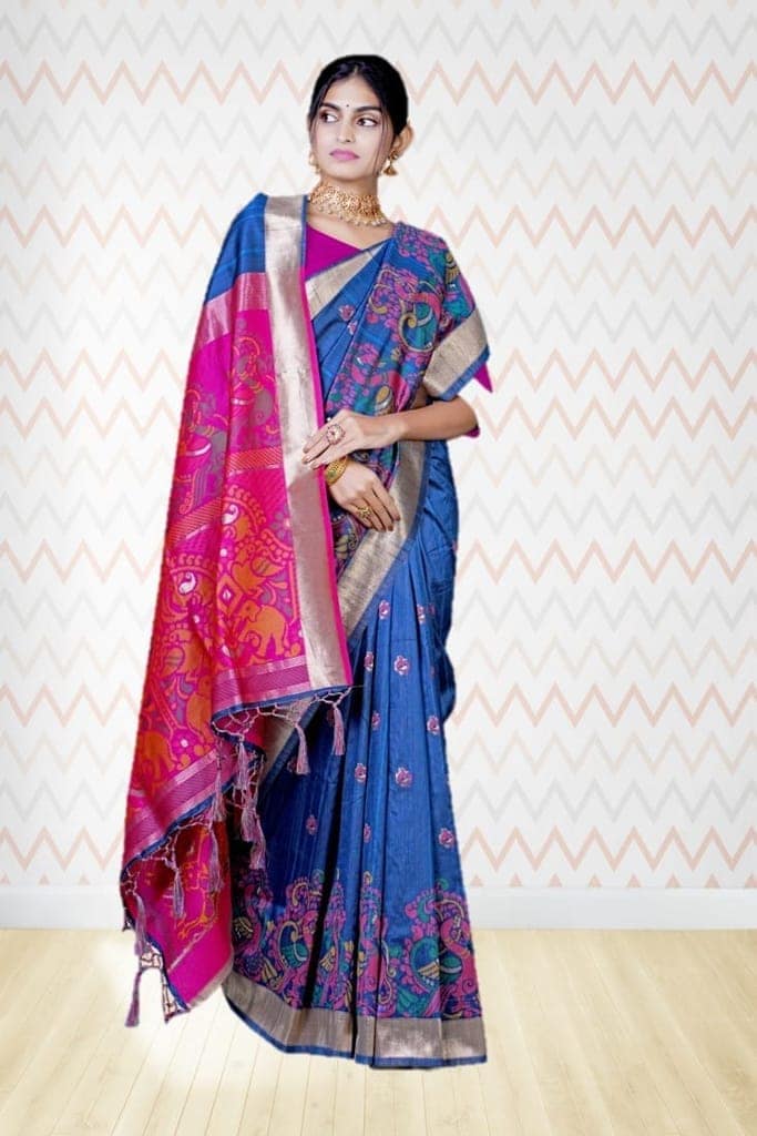 Navy Blue Tussar Silk Saree view 3