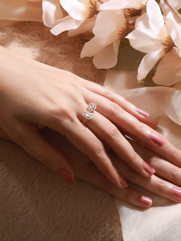 Gold Toned AD Studded Minimal Engagement Solitaire Finger Ring