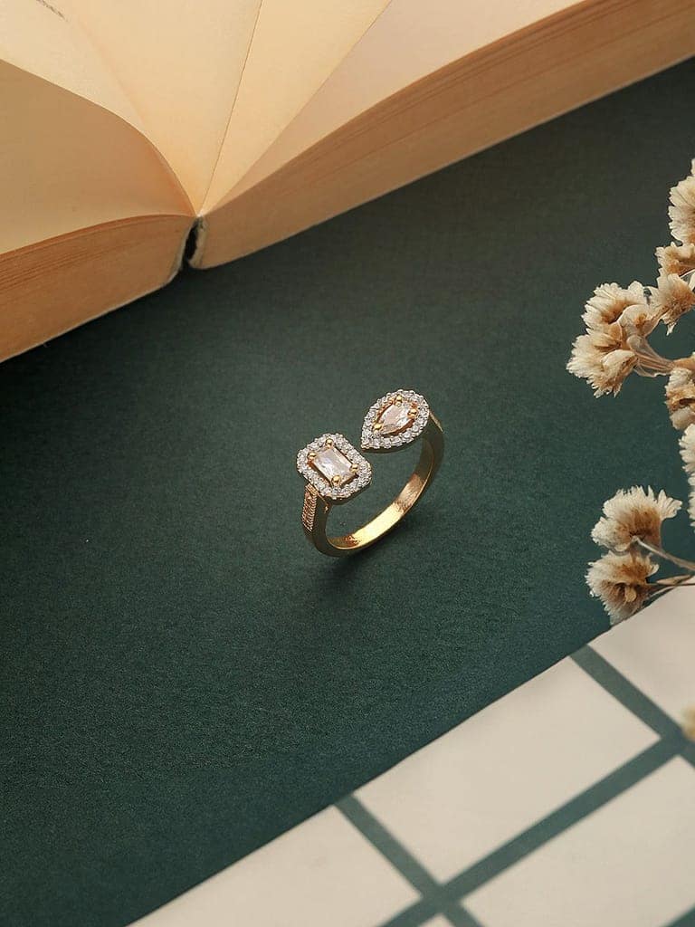 Gold Toned AD Studded Minimal Engagement Solitaire Finger Ring view 3
