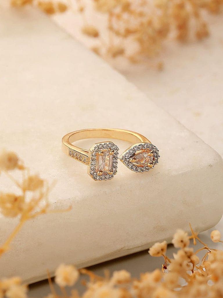 Gold Toned AD Studded Minimal Engagement Solitaire Finger Ring view 4