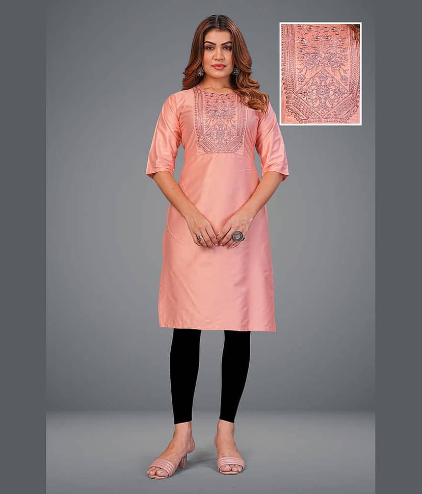 Hetsa Women Chanderi Embroidered A-line Kurti ( Pink )