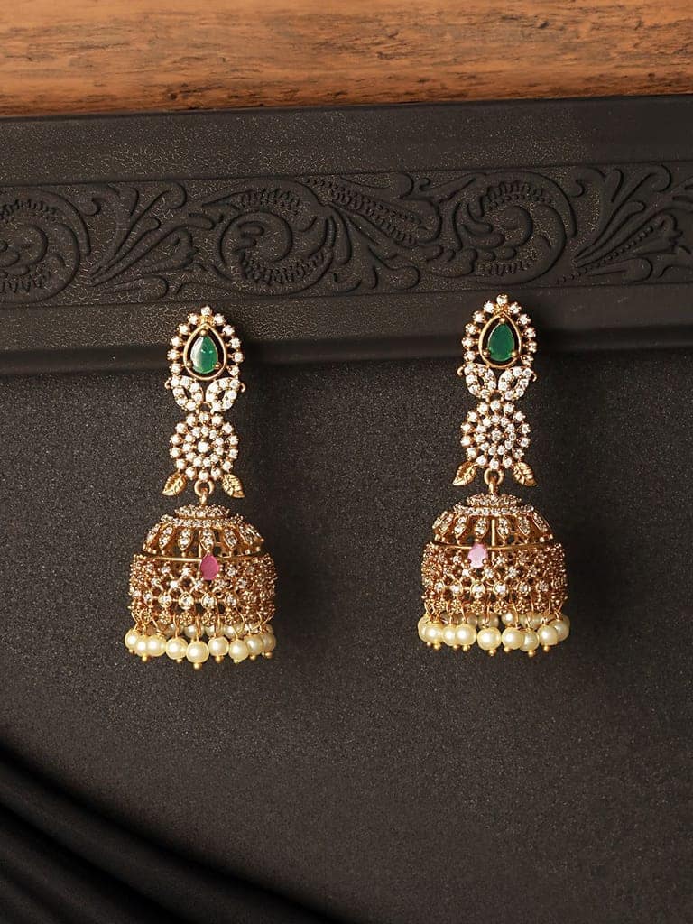 Gold Plated Green Zircon Studded Pearl Beaded Dangler Earrings view 2