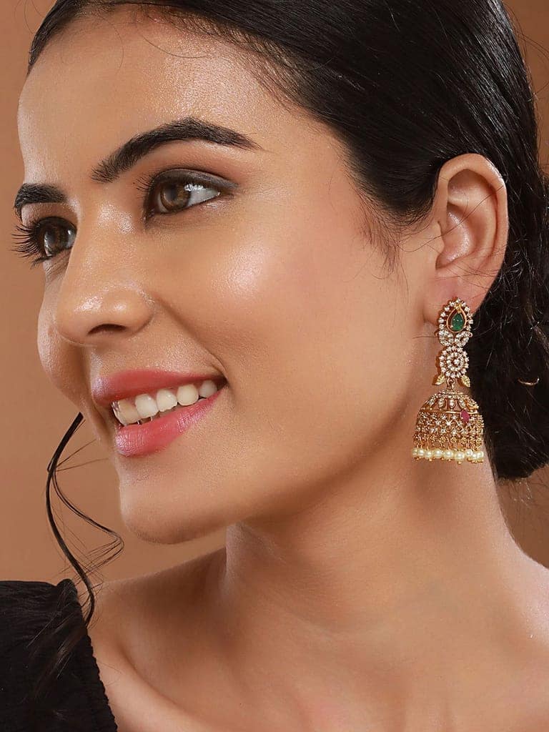 Gold Plated Green Zircon Studded Pearl Beaded Dangler Earrings view 3