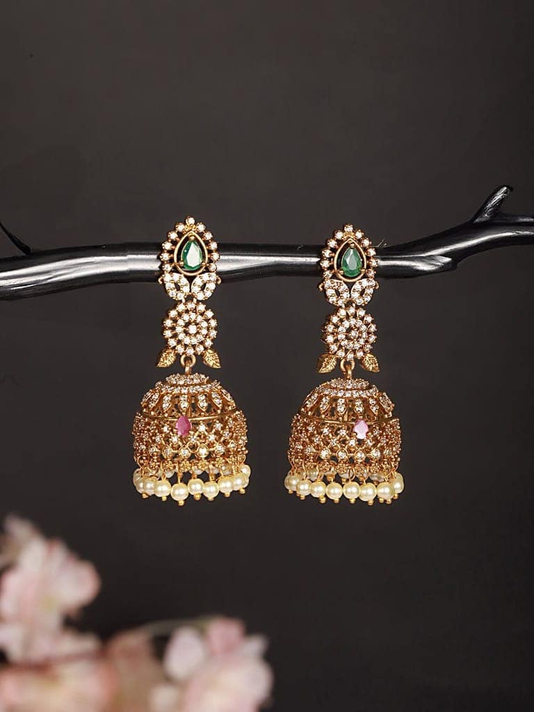 Gold Plated Green Zircon Studded Pearl Beaded Dangler Earrings view 4