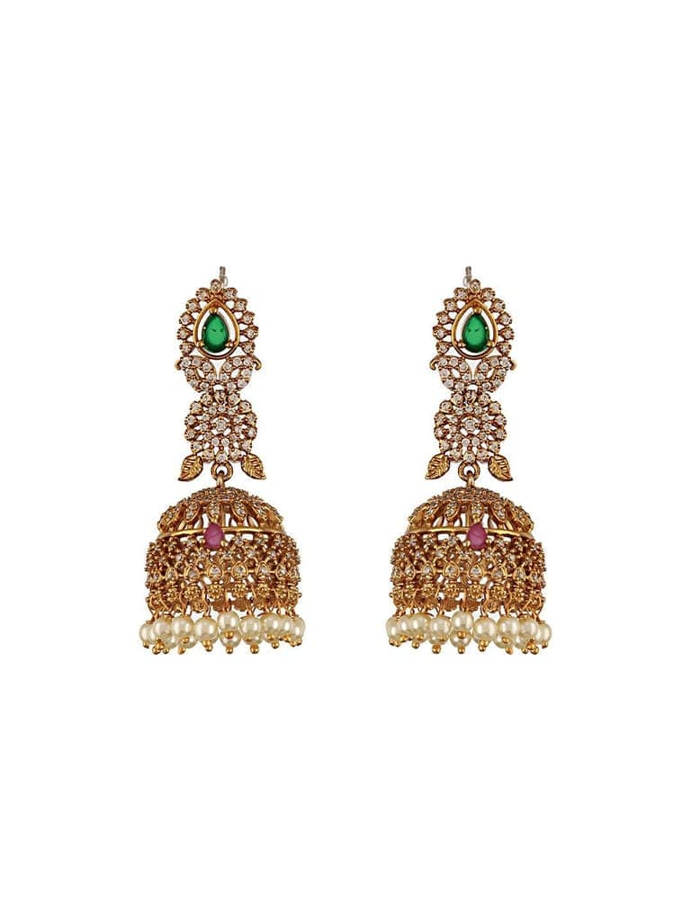 Gold Plated Green Zircon Studded Pearl Beaded Dangler Earrings view 5