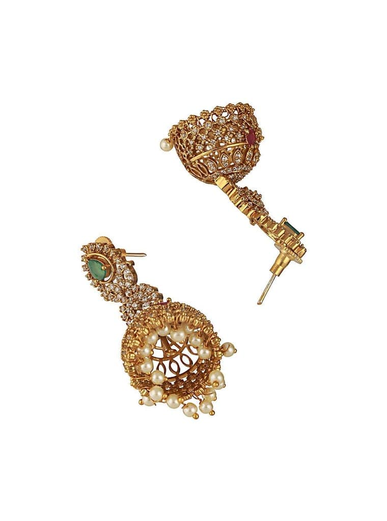 Gold Plated Green Zircon Studded Pearl Beaded Dangler Earrings view 6