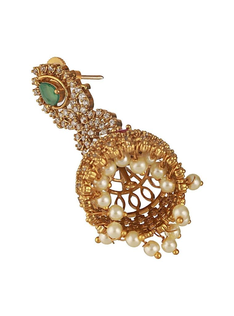 Gold Plated Green Zircon Studded Pearl Beaded Dangler Earrings view 8