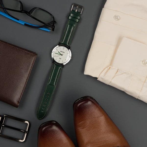 Mens Watch, Stylish Casual Quartz Wrist Watch with Green Leather Strap view 4
