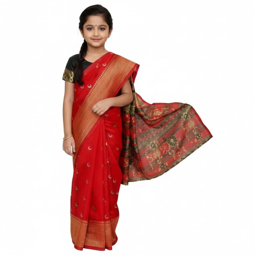 Mom and Me Maharashtrian Saree, Chandrakor design, Art Silk with Cotton Lining, Girls 1-10 Years, Ready to Wear, stitched blouse (Red, 5-6 Y)