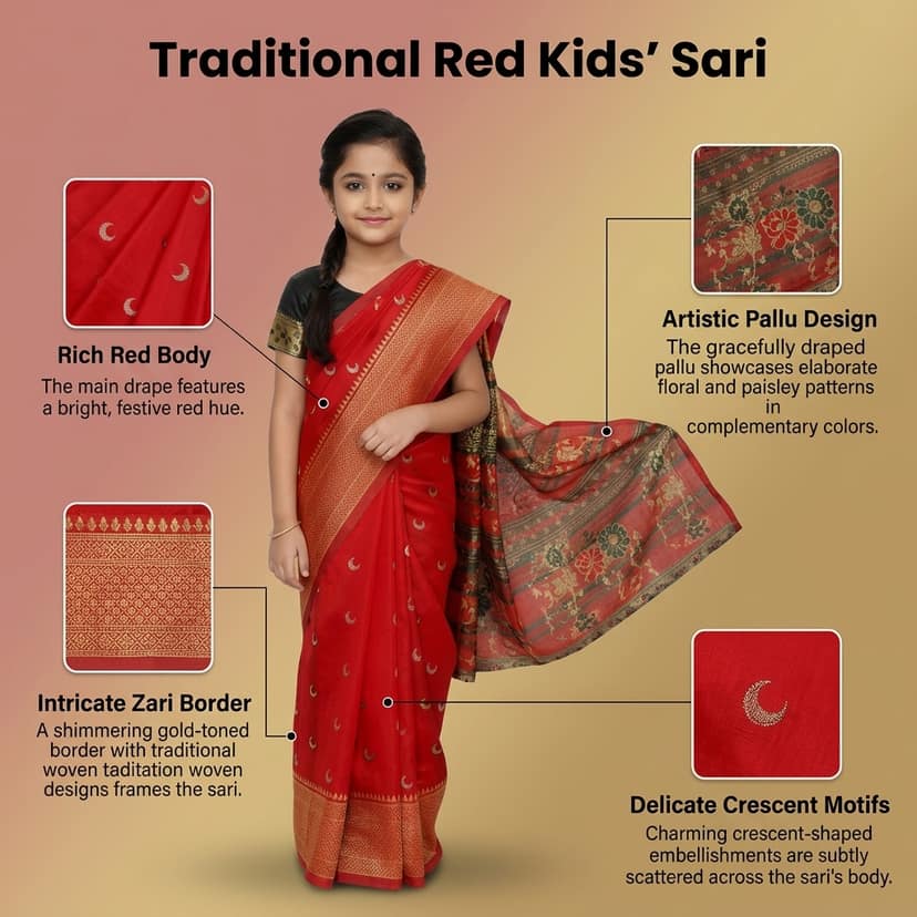 Mom and Me Maharashtrian Saree, Chandrakor design, Art Silk with Cotton Lining, Girls 1-10 Years, Ready to Wear, stitched blouse (Red, 5-6 Y) view 4