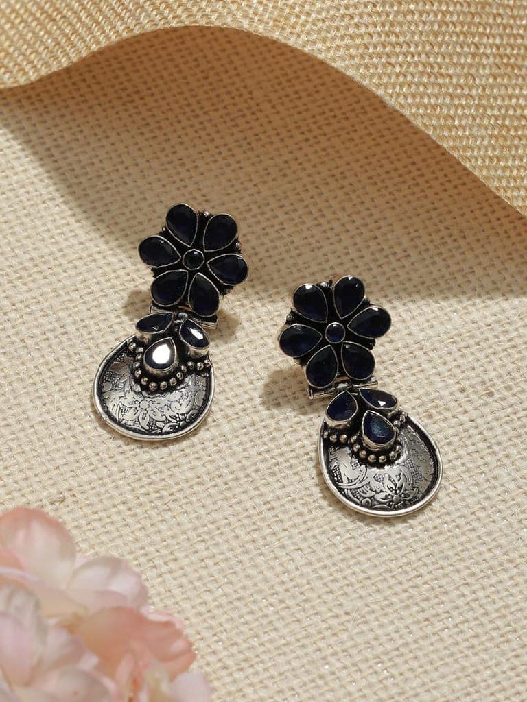 Silver Oxidised Blue Stone studded Statement Earrings view 2