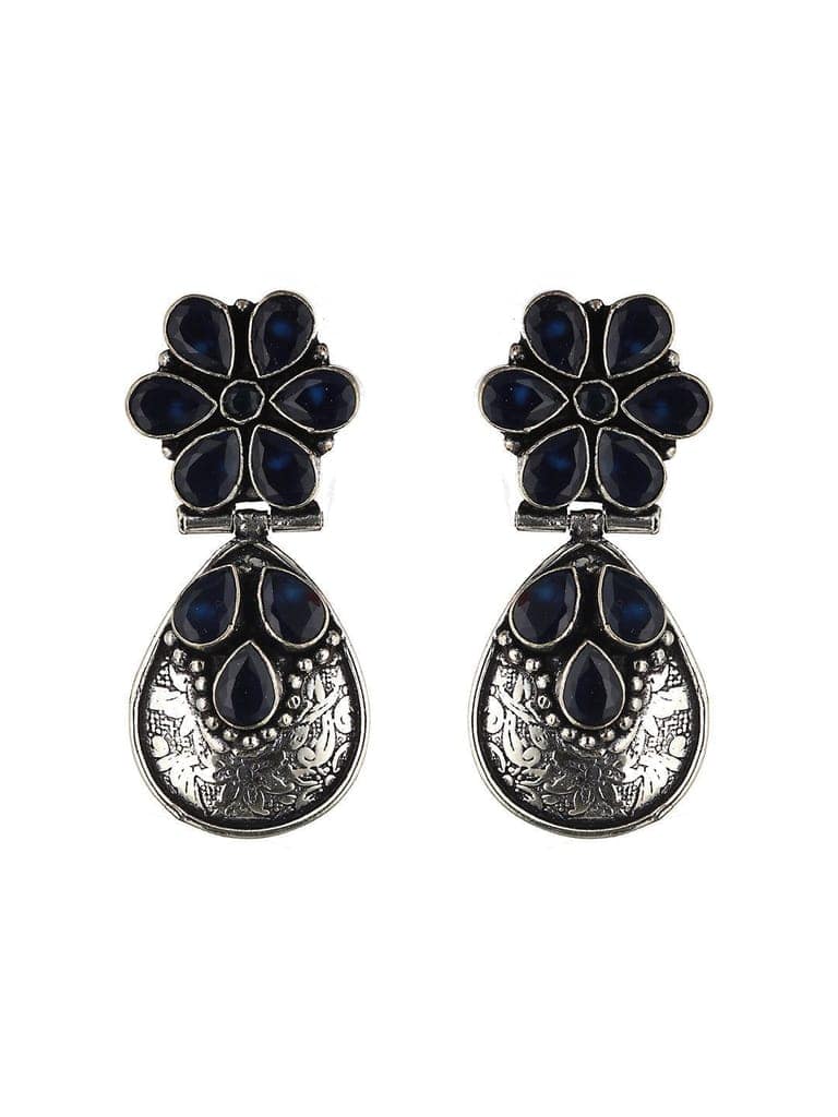 Silver Oxidised Blue Stone studded Statement Earrings view 3