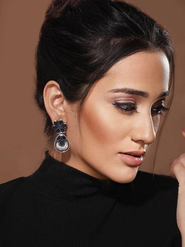 Silver Oxidised Blue Stone studded Statement Earrings view 4