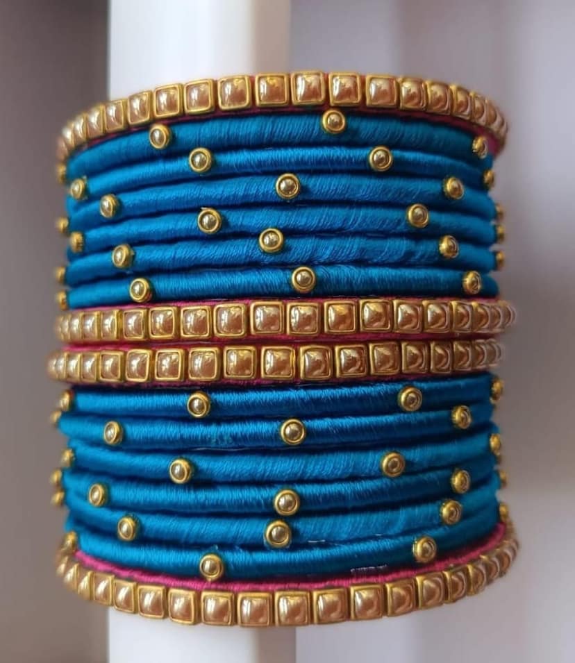 Set of 14 Designer Silk Thread Bangle With Golden Beads