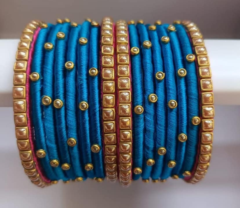 Set of 14 Designer Silk Thread Bangle With Golden Beads view 2
