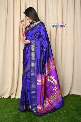 Exclusive Authentic Pure Silk Handloom Paithani - Royal Blue with Nath Pallu