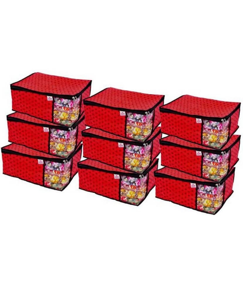 SH. NASIMA Non Woven Printed Saree Cover Bag Wardrobe with Transparent Window(, Pack of 9, Red)