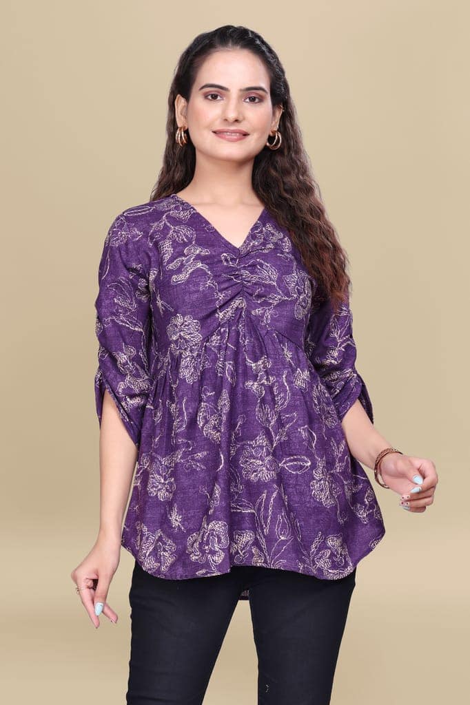 Purple Printed Cotton V-Neck Top with Three-Quarter Sleeves