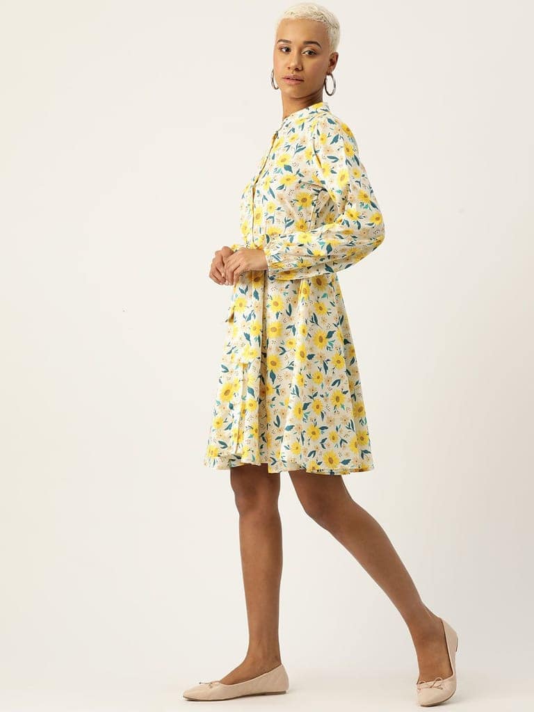Floral Print Puff Sleeve Crepe A-Line Dress view 4
