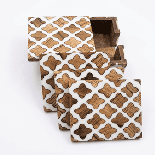 Acacia Wood and White Resin Floral Inlay Coaster Set with Holder - 5 Pieces