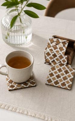 Acacia Wood and White Resin Floral Inlay Coaster Set with Holder - 5 Pieces view 2