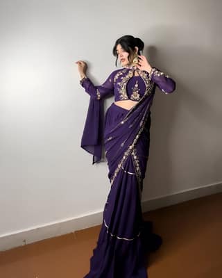 Red Purple Indian Wedding Party Lehenga Saree Ready To Wear With Stitched Blouse Readymade