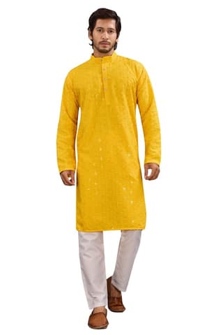 Men's Yellow Chikankari Embroidered Cotton Blend Kurta