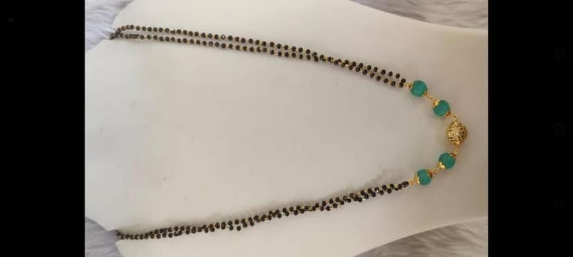 Gold Plated Mangalsutra with Black Beads and Green Stones for Women view 2