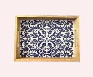 Wooden Tray Rectangular Resin Coated Blue Pottery