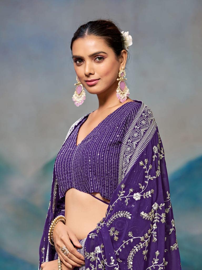 Purple Georgette Lucknowi Embroidery Work Lehenga Choli Set For Wedding view 3