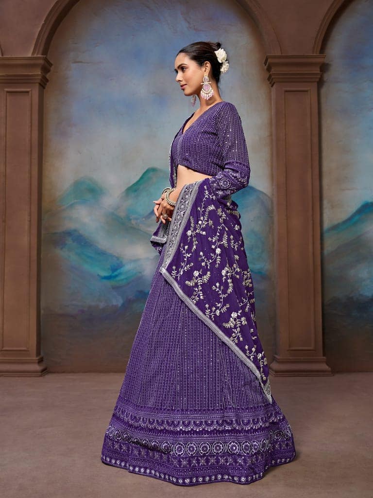 Purple Georgette Lucknowi Embroidery Work Lehenga Choli Set For Wedding view 5