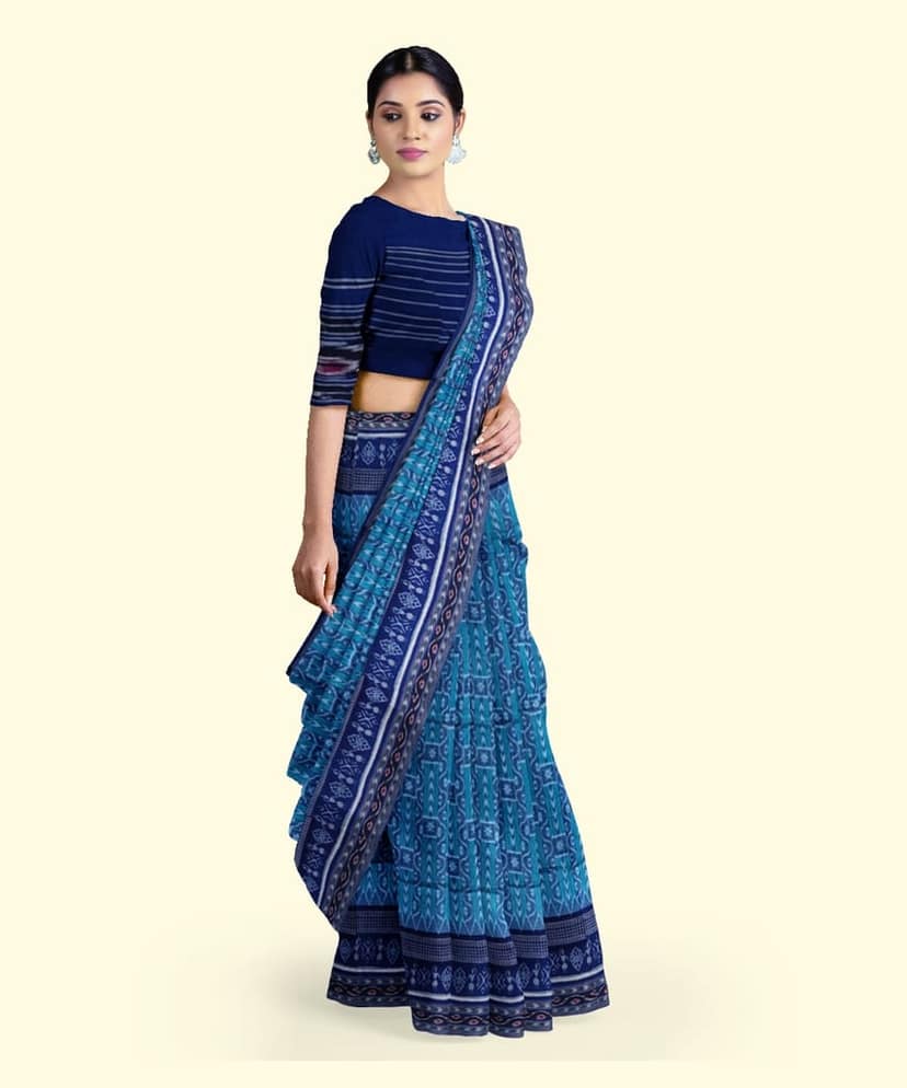 Blue Sambalpuri Handwoven Single Ikat Cotton Saree SFCSAR2259 view 3