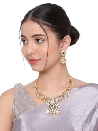 Cardinal American Diamond Gold Plated Green Stone Brass Necklace Set