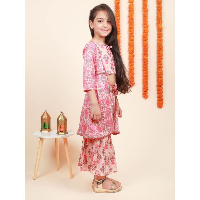Bebe Unicorn Casual & Trendy Kids Wear Round Neck Three Quarter Sleeves Button on Back Shrug Type Kurta and Sharara Set of Top & Bottom for Girls