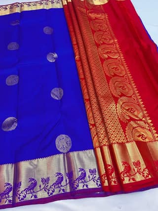 Blue with Dark Red Color Pure Silk Saree Has Peacock & Elephant Butta Design with Unstitched Blouse