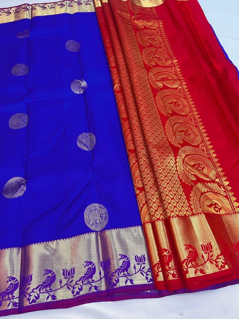 Blue with Dark Red Color Pure Silk Saree Has Peacock & Elephant Butta Design with Unstitched Blouse